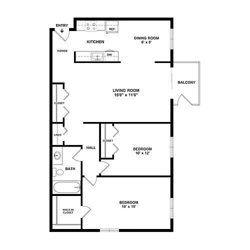 Floor plan Oak - 2-Bedroom, 1-Bathroom