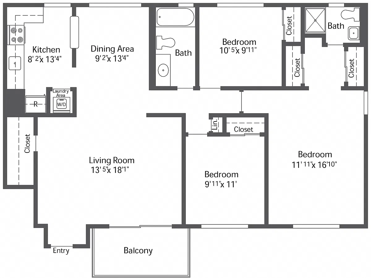 Floor plan 3BR 2BA (1190sf)