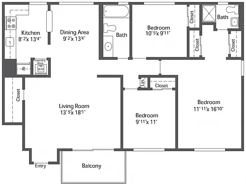 Floor plan 3BR 2BA (1190sf)