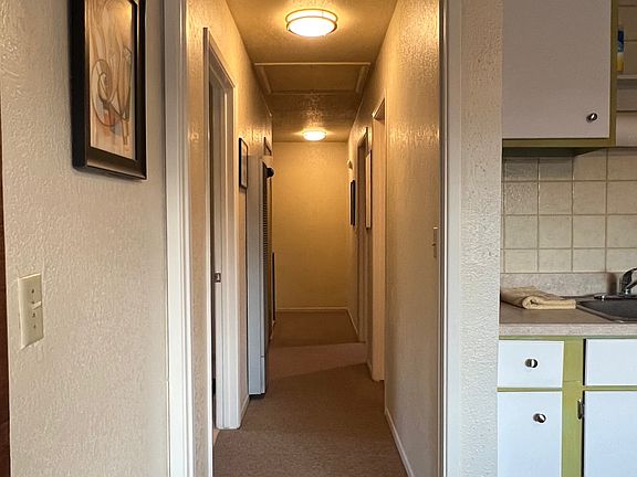 Clean hallway leading to bedrooms and bathroom"