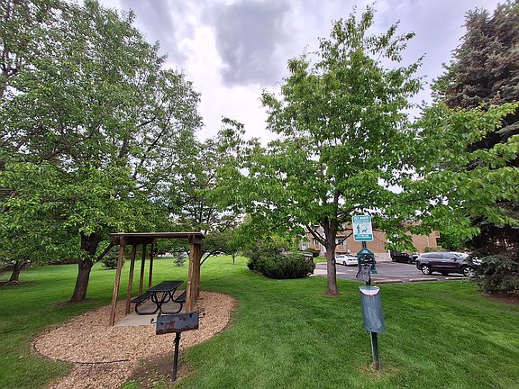 Large yard with picnic tables and grills