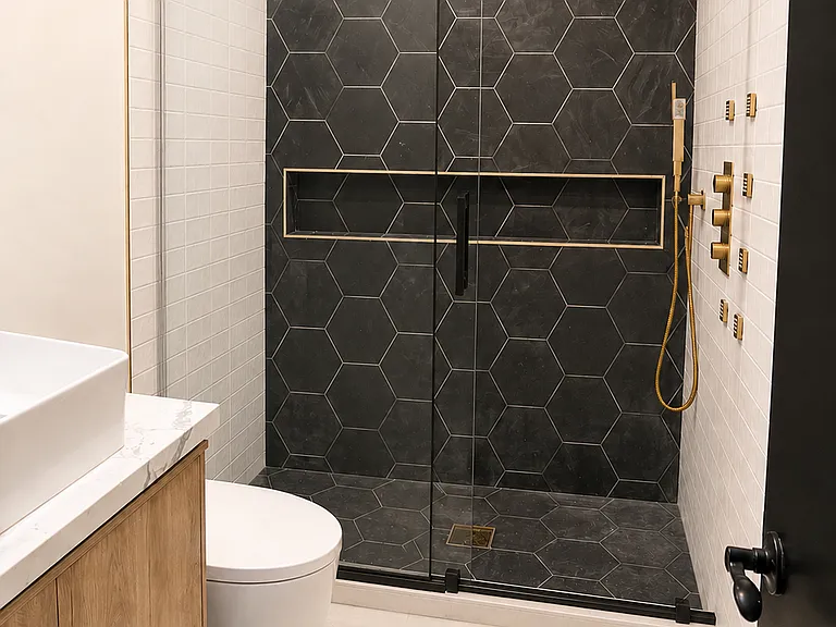 Guest bathroom with brand new vanity, toilet and shower with rainforest shower head and hers and handheld shower handle