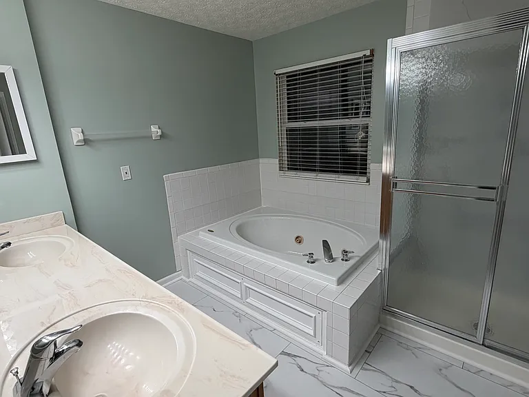 Master bath with jacuzzi, shower, and double vanity with large mirror. Spa like living in the house.