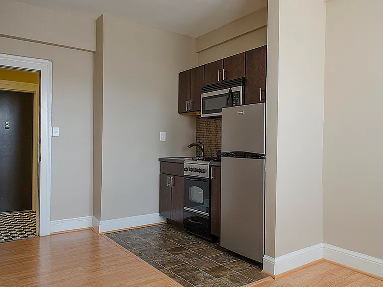 Studio apartment kitchen area and entrance