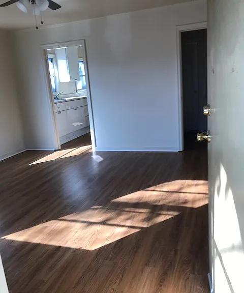 View from front door. Kitcvhen on left and closet and bath on the right