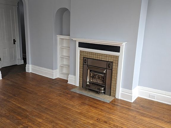 Living room fireplace and bookcase