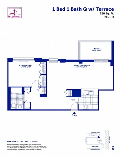 Floor plan 1 Bed 1 Bath Q with Terrace