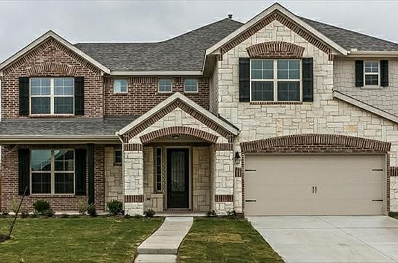 Elevation including front porch, with brick and stone