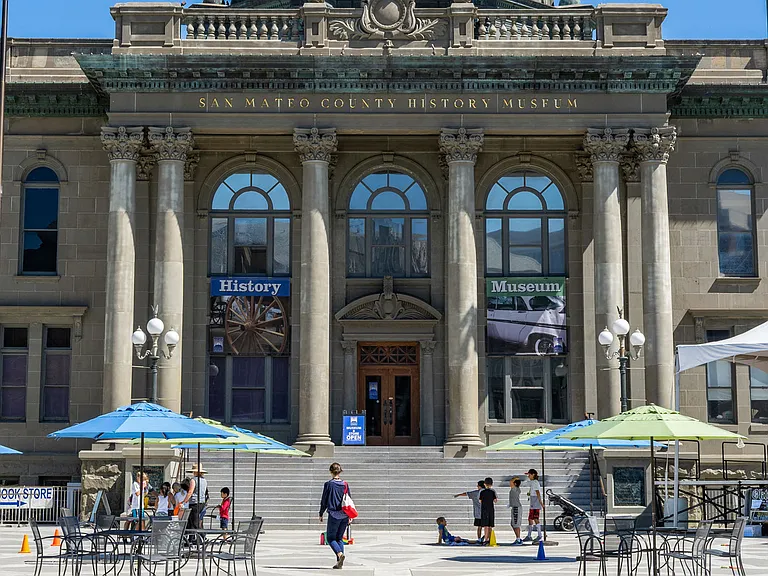Events often take place in the square in front of the San Mateo County History Museum