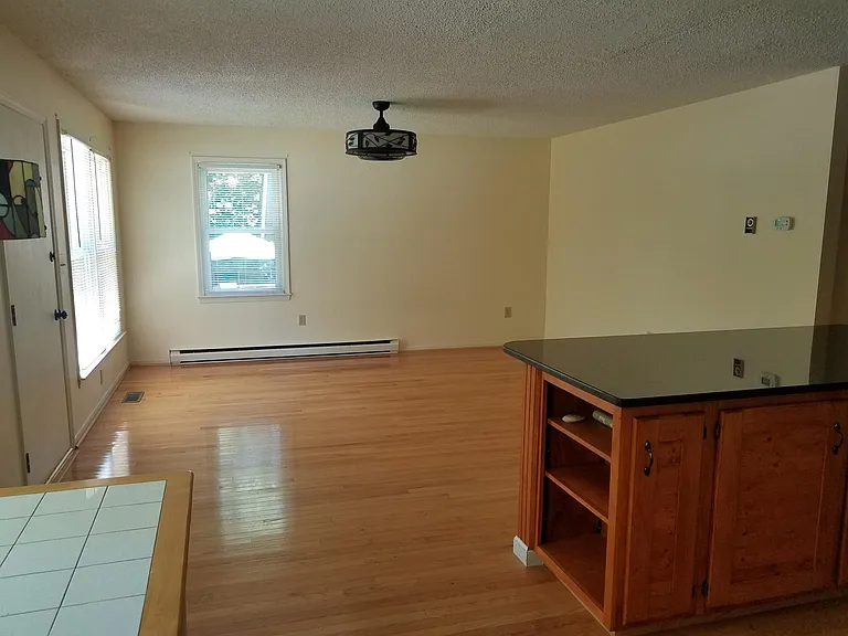 Living area in the open concept main room with ceiling fan with remote. Hardwood floors everywhere except bathrooms and den.