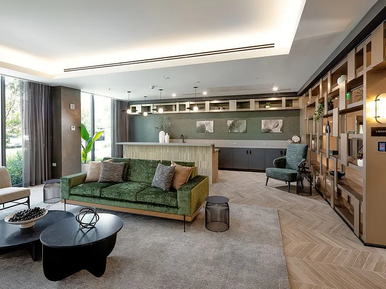 Library with kitchenette and lounge seating