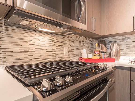 Designer inspired backsplash, under cabinet lighting and gas cooktops