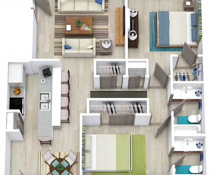2 Bed 2 Bath 1020 Floorplan Diagram