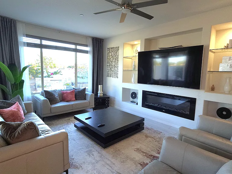 Living room 75" Smart TV, Electric Fire Place