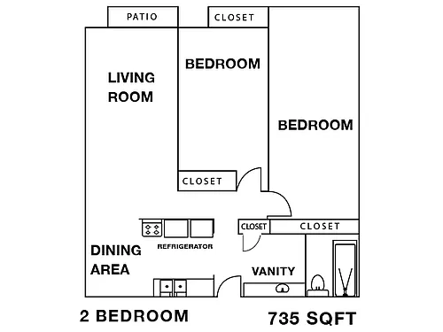 Floor plan 2 Bed 1 Ba, 2nd Flr