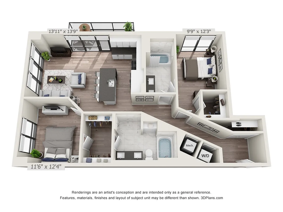Floor plan Two Bedroom Two Bath (1,211 SF)