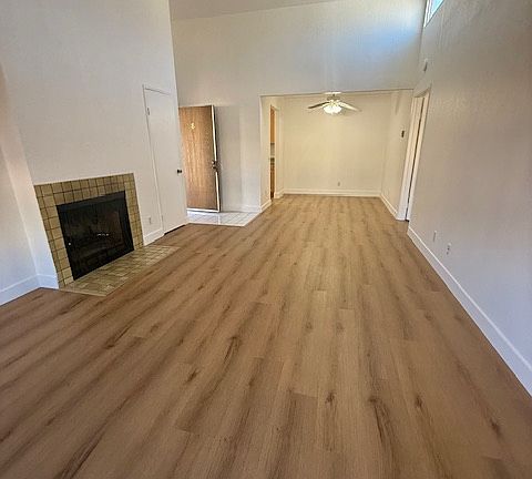 Living room fireplace and dining room