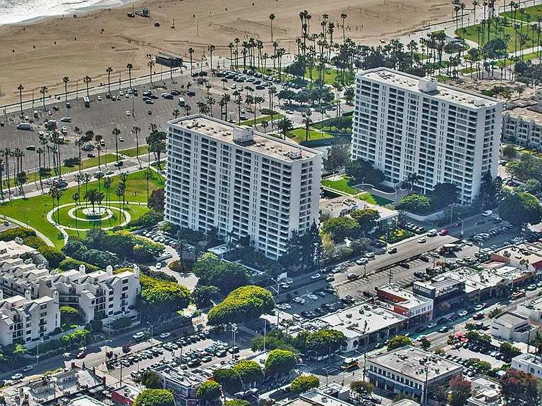 Aerial view of The Shores, located at the beach in Santa Monica