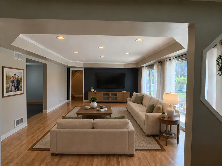 Family room virtually Staged _ Furniture shown is for illustration only.