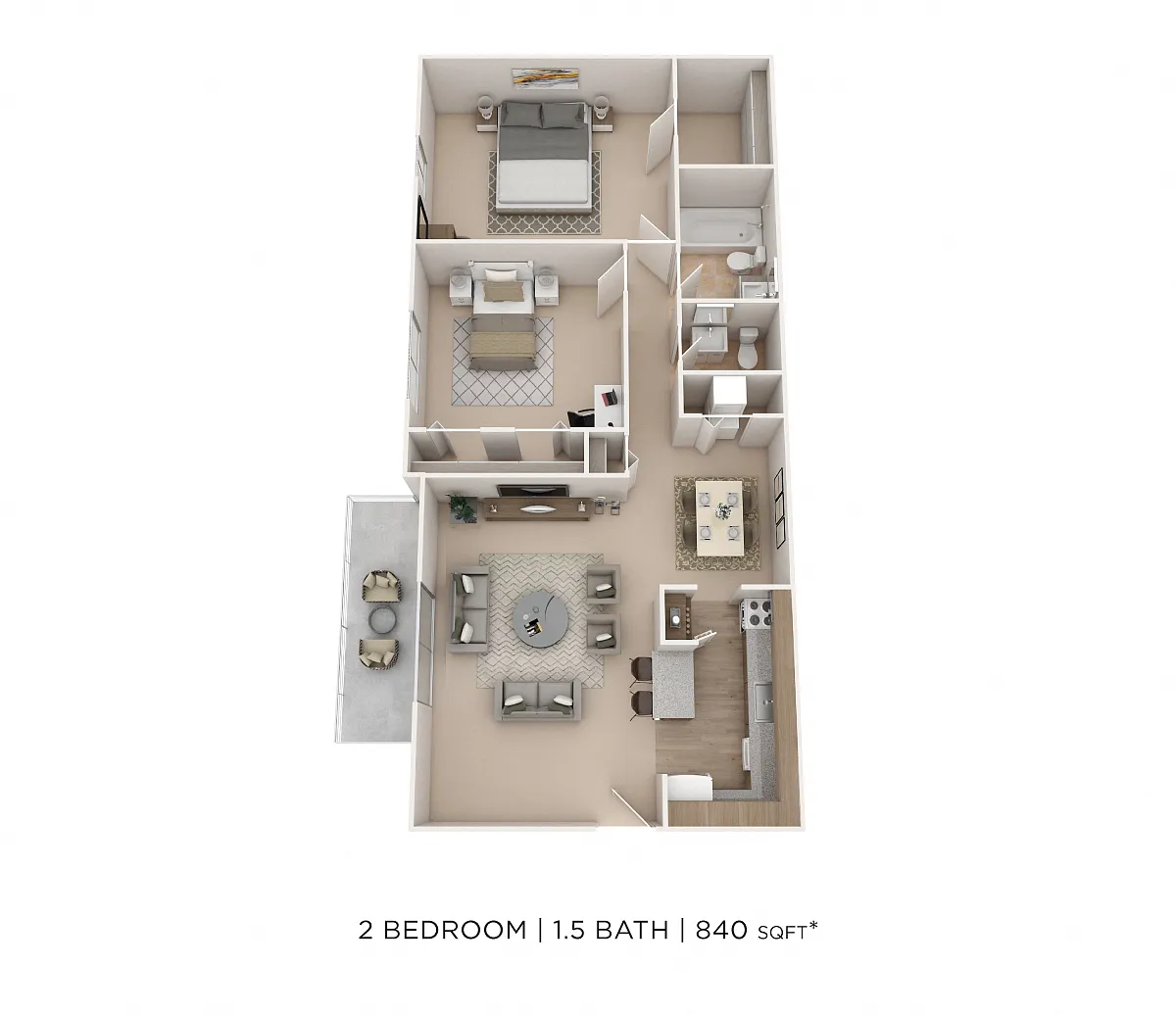 Floor plan Two Bedroom 1.5 Bath - 840 sqft