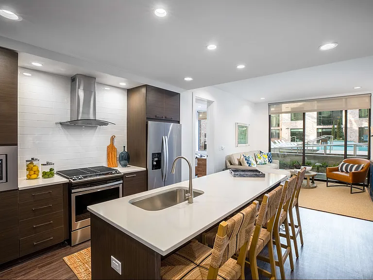 Kitchen and Living Room with Pool View