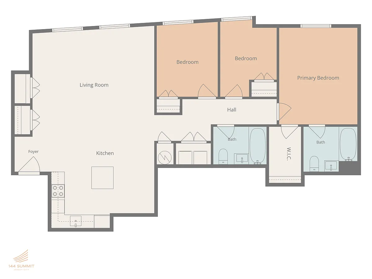 Floor plan Three Bed Two Bath - 10 Line - 8th to 9th Fl