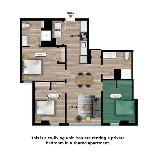 Floor plan Private Bed in a 3 Bed 2 Bath C - RM1