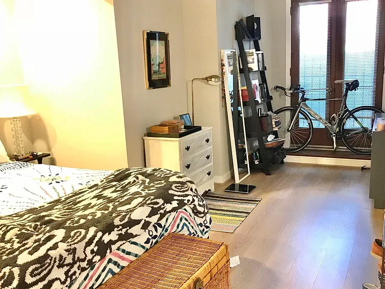 Large bedroom with alcove for bed, walk-in closet, and outside access