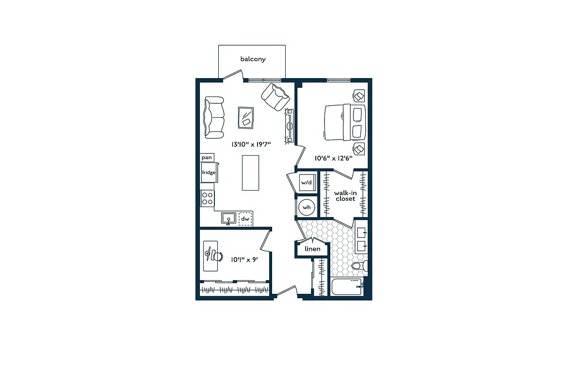 Floor plan One Bedroom One Bath Den (826 SF)