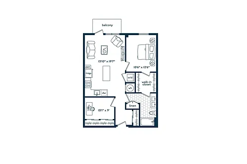 Floor plan One Bedroom One Bath Den (826 SF)