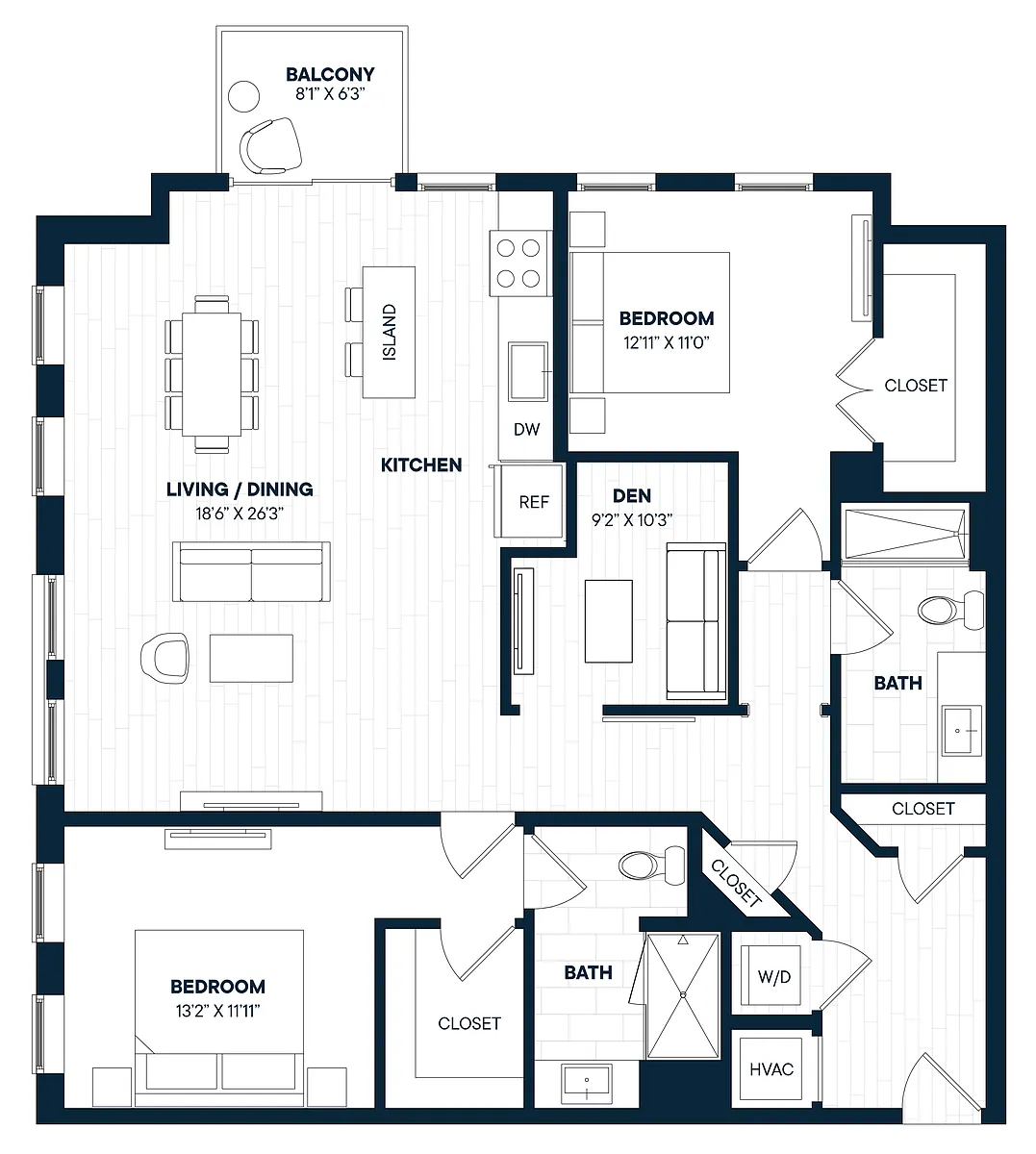 Floor plan 2 Bed 2 Bath Den-B9D-C