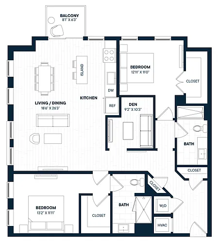 Floor plan 2 Bed 2 Bath Den-B9D-C