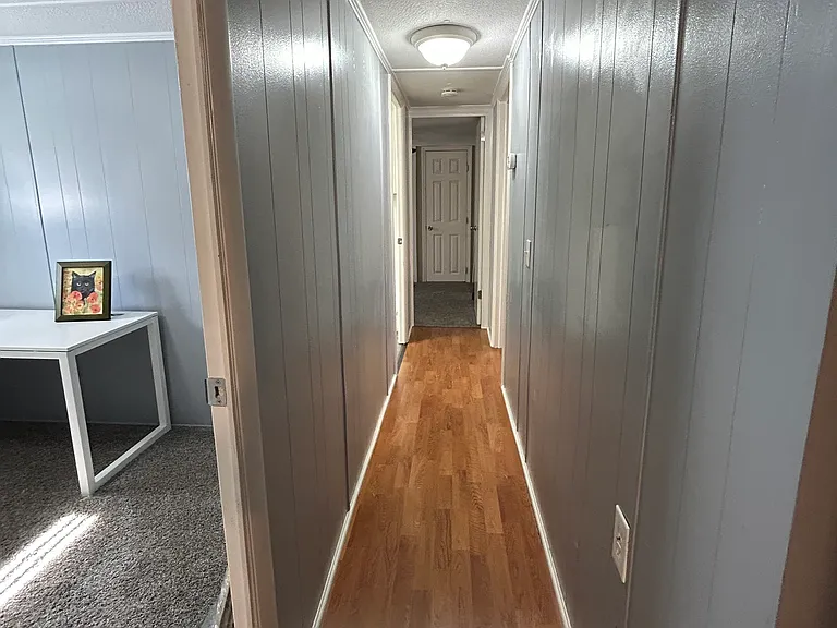 Hallway from the living room to all bedrooms, small bedroom or office on the left