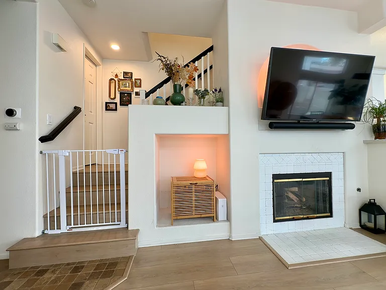 Gas fireplace and stairs