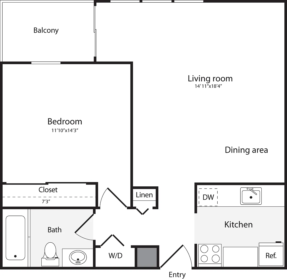 Floor plan 1 Bedroom O WD