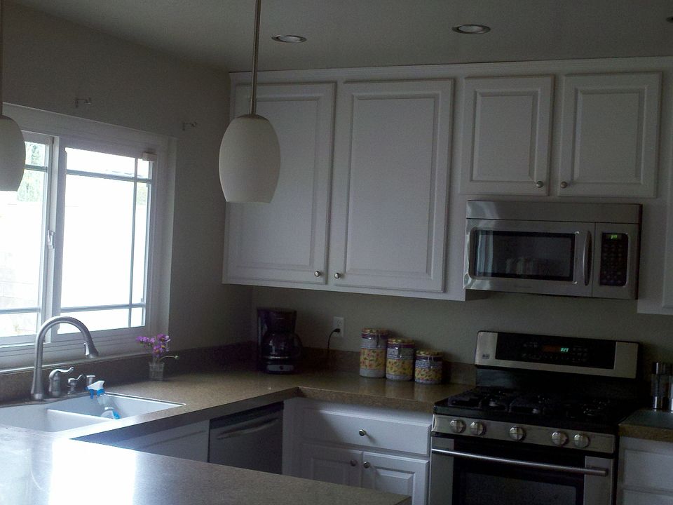 stainless appliances and pendant lamps