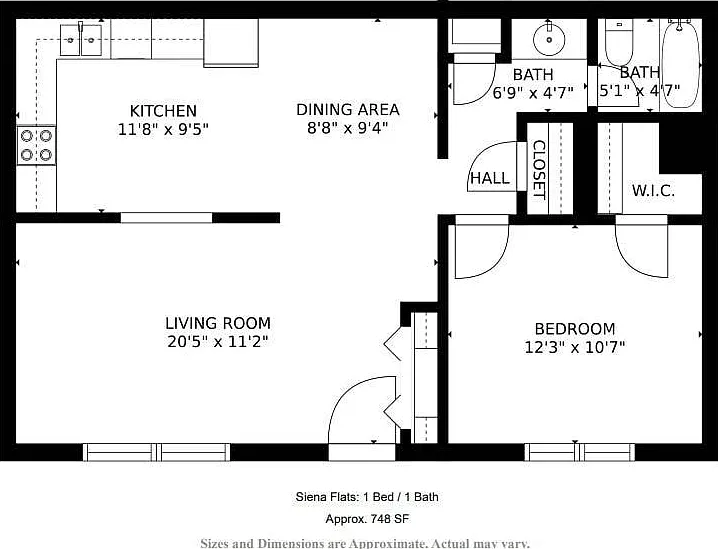 1 Bed/ 1 Bath- 748 sq ft.- Floor Plan B- Square footage and exact layout may vary. 1 Bed/ 1 Bath- 748 sq ft.- Floor Plan B- Square footage and exact layout may vary.