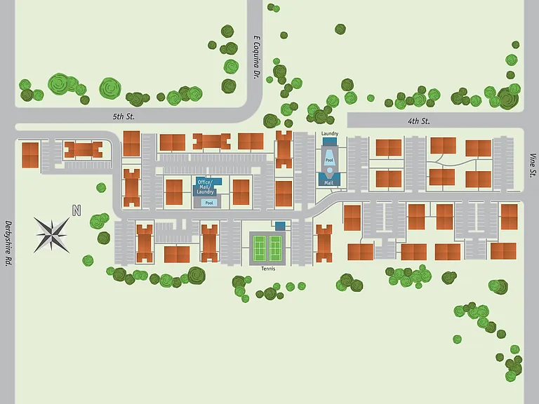 Comprehensive apartment community layout featuring modern buildings, lush greenery, a tennis court, swimming pool, and convenient amenities like laundry and mail services.