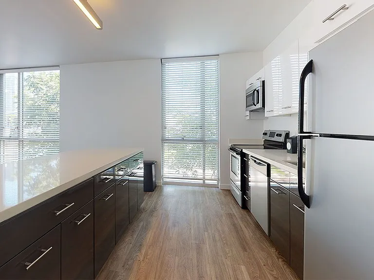 Apartment kitchen with stainless steel appliances, quartz countertops and wood-style flooring.