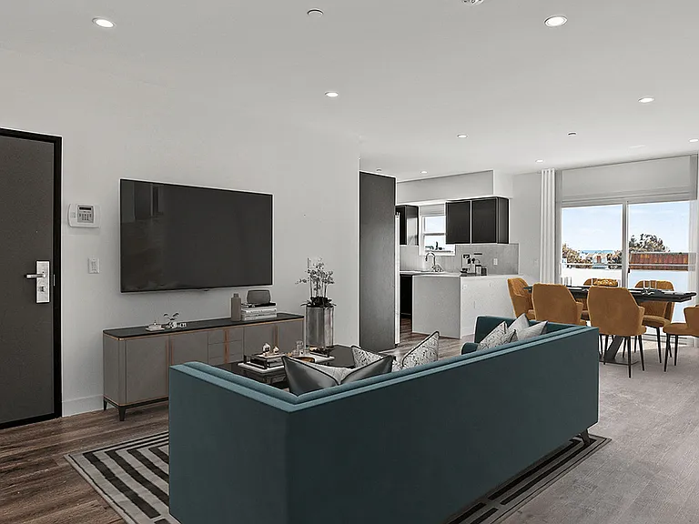 Spacious Kitchen with Stainless-Steel Refrigerator, Stove, Microwave Oven, and Dishwasher