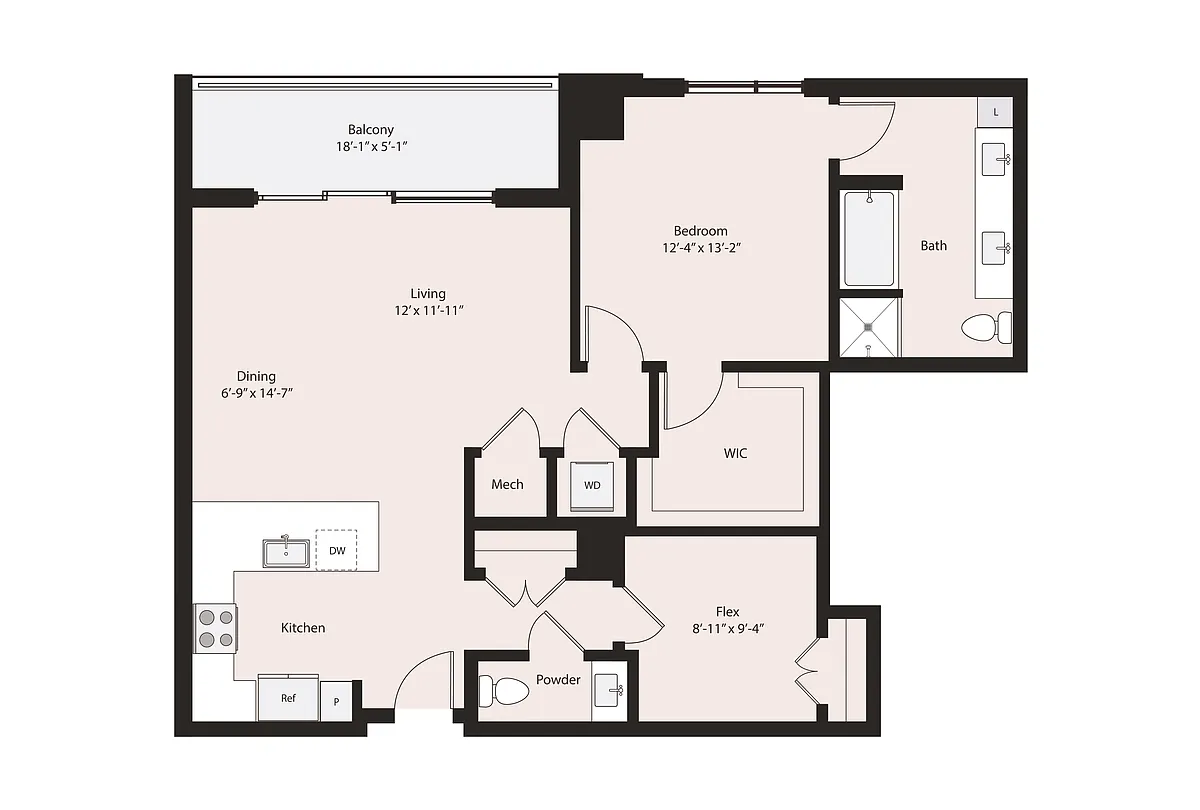 Floor plan 1 Bedroom Plus Den, 1 Bath