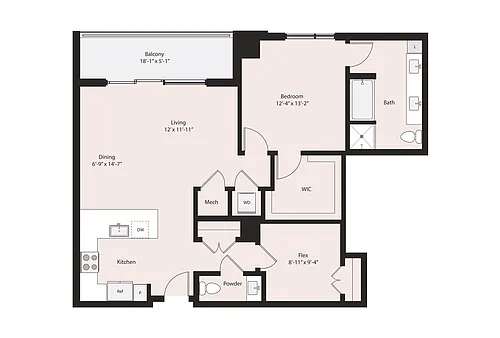Floor plan 1 Bedroom Plus Den, 1 Bath