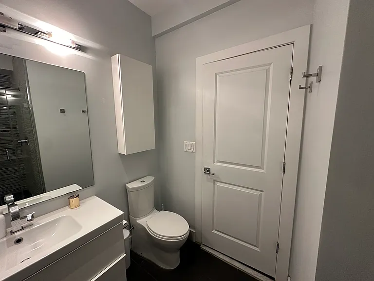 Bathroom with additional storage over toilet