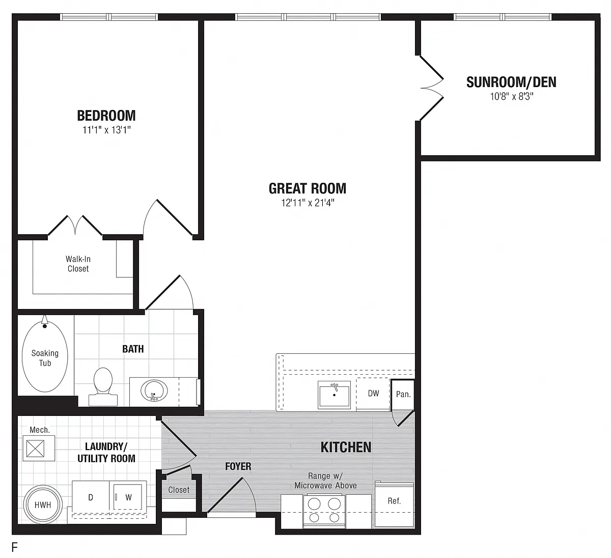 Floor plan 1 Bed/1 Bath Den-F