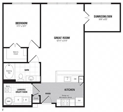 Floor plan 1 Bed/1 Bath Den-F