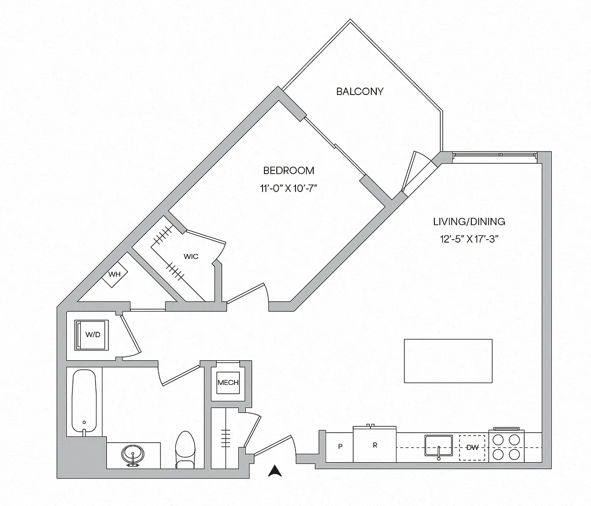 Floor plan A07 - 1BR 1BA (714 SF)