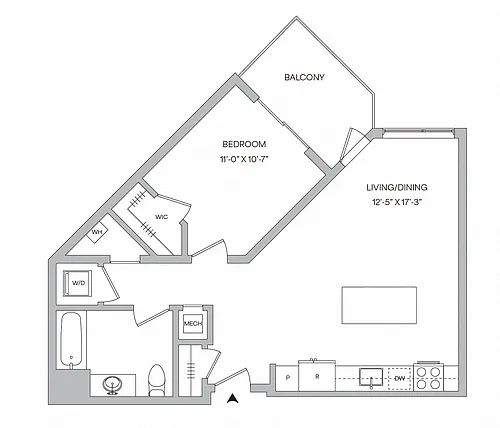 Floor plan A07 - 1BR 1BA (714 SF)