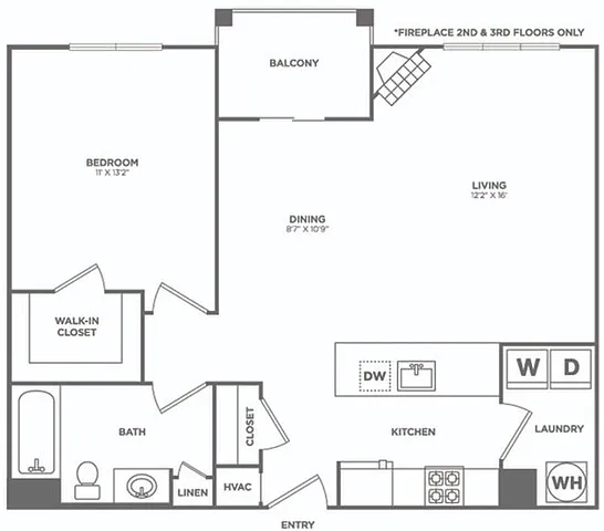 Floor plan One Bedroom One Bath (804 SF)