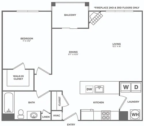 Floor plan One Bedroom One Bath (804 SF)