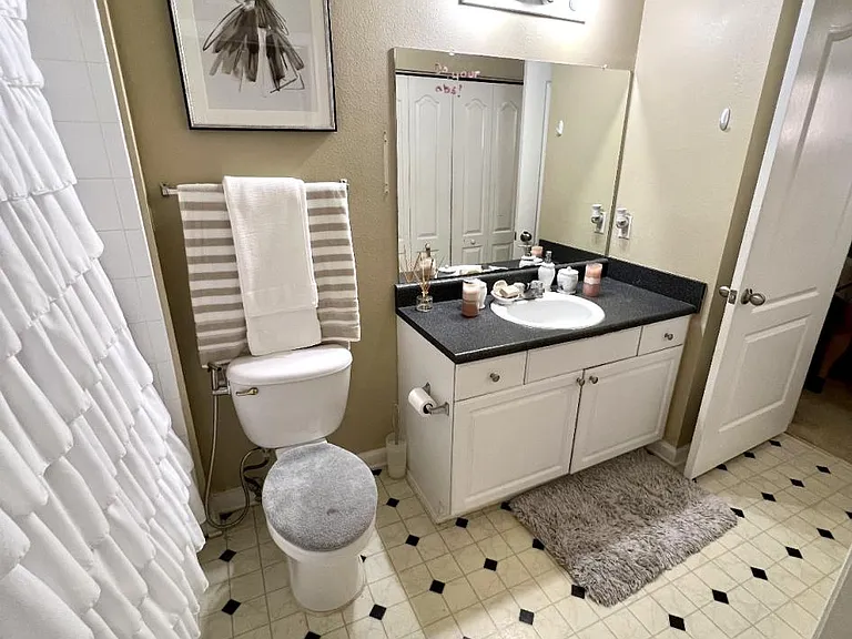 Bathroom as decorated by a prior tenant